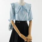 Short-sleeve Ruffle Trim Blouse / Pleated A-line Skirt