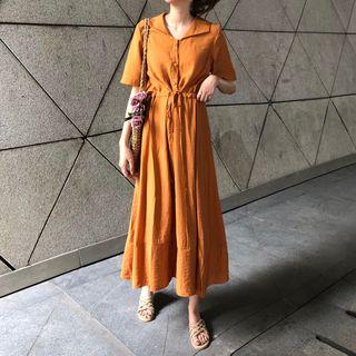 Plain Drawstring Waist Short Sleeve Midi Dress
