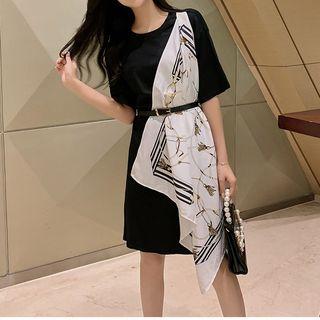 Elbow-sleeve Asymmetric Paneled A-line T-shirt Dress