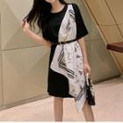 Elbow-sleeve Asymmetric Paneled A-line T-shirt Dress