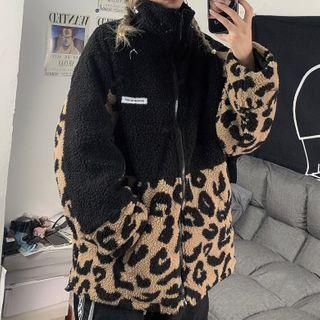 Leopard Print Panel Zip Jacket Black & Khaki - One Size