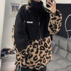 Leopard Print Panel Zip Jacket Black & Khaki - One Size