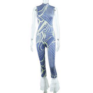 Sleeveless Print Mesh Panel Jumpsuit