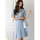 Faux-pearl Piped Pleated-hem Dress