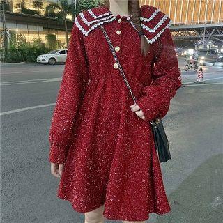Plain Peter-pan Collar Single-breasted High-waist Long-sleeve A-line Dress