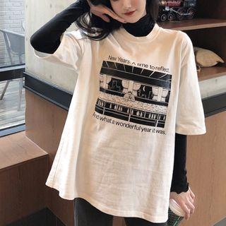 Short-sleeve Printed T-shirt / Long-sleeve Plain Top