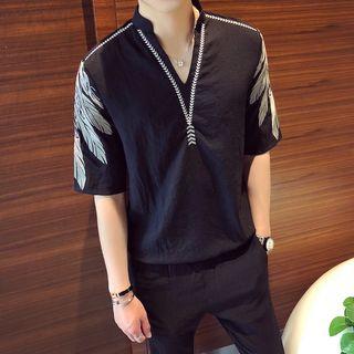Elbow-sleeve Stand Collar Embroidered Top