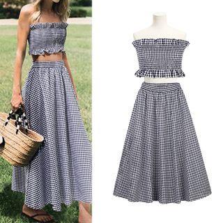 Set: Shirred Gingham Tube Top + A-line Maxi Skirt