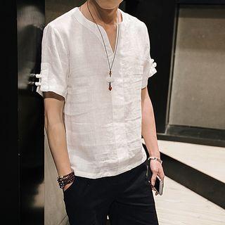Short Sleeve V-neck Linen Cotton Top