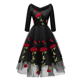3/4-sleeve Rose Embroidered Mesh A-line Midi Dress