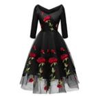 3/4-sleeve Rose Embroidered Mesh A-line Midi Dress