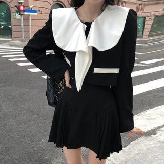 Set: Contrast Trim Cropped Jacket + Mini Pleated Skirt