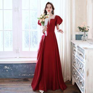 Puff-sleeve Embellished Lace-up Maxi A-line Gown