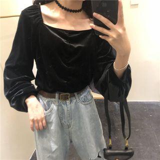 Square Neck Velvet Top Black - One Size