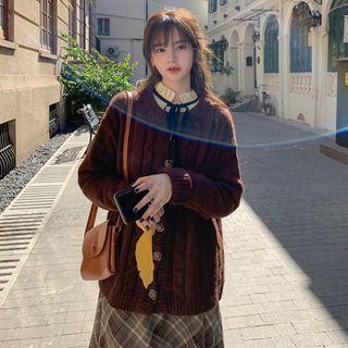 Long-sleeve Blouse / Cardigan / Plaid Midi A-line Skirt