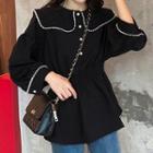 Long-sleeve Faux Pearl Buttoned Blouse Black - One Size
