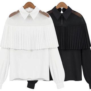 Long-sleeve Mesh-panel Ruffled Blouse