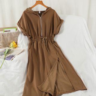 Short-sleeve Hooded Slit Midi A-line Dress