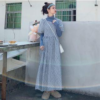 Turtleneck Long-sleeve Top / Floral Print Puff-sleeve A-line Midi Dress