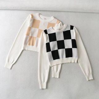 Check Panel Crop Knit Top
