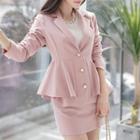 Set: Faux-pearl Button Flared Blazer + Mini Pencil Skirt
