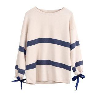 Bow Stripe Long-sleeve Knit Top
