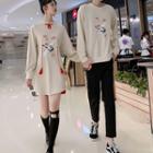 Couple Matching Crane Print Sweatshirt / Long-sleeve Crane Print Tasseled Qipao / Pants
