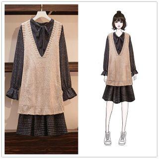 Set: Long-sleeve Plaid Midi A-line Dress + Knit Vest