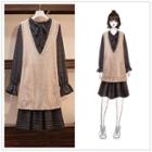 Set: Long-sleeve Plaid Midi A-line Dress + Knit Vest