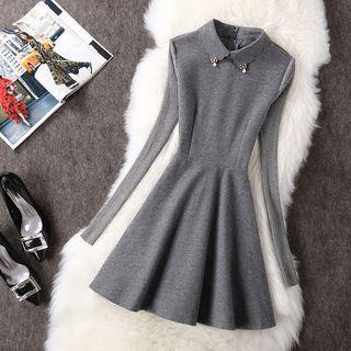 Long-sleeve Collared Mini A-line Dress