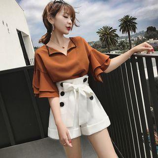 Set: Elbow-sleeve Blouse + Wide-leg Shorts