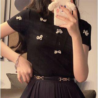 Short-sleeve Beaded Bow Top