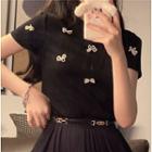 Short-sleeve Beaded Bow Top