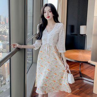 Set: Spaghetti Strap Floral Print A-line Dress + Elbow-sleeve Drawstring Top