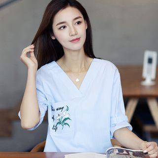 Flower Embroidered Striped Short Sleeve Shirt