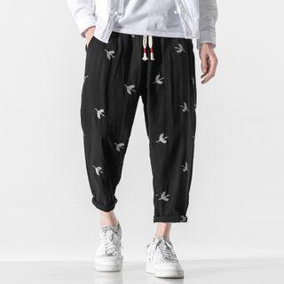 Crane Embroidered Linen Straight-leg Pants