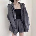 Set: Hooded Button-up Jacket + Elastic Waist Shorts