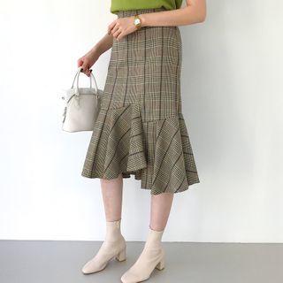 Asymmetric Plaid Midi Mermaid Skirt