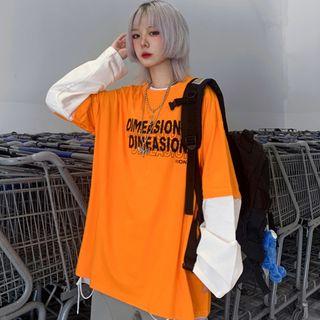 Mock Two-piece Long-sleeve Letter T-shirt Orange - One Size