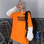 Mock Two-piece Long-sleeve Letter T-shirt Orange - One Size