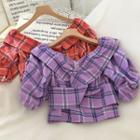 Plaid Knotted Puff-sleeve Blouse