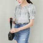 Off-shoulder Puff-sleeve Stripe Top