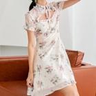 Short-sleeve Cutout Floral A-line Mini Dress