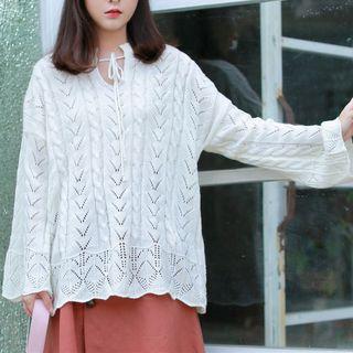 Tie-neck Perforated Sweater