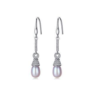 Sterling Silver Simple Temperament Long Earrings With Purple Freshwater Pearl And Cubic Zirconia Silver - One Size