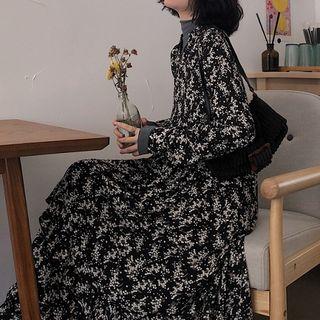 Floral Puff-sleeve Ruffled-trim Dress