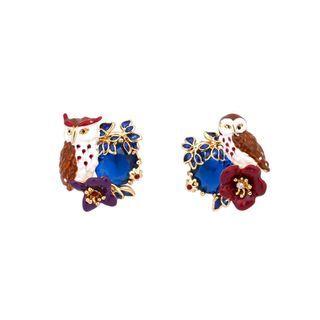 Fashion And Elegant Plated Gold Enamel Owl Blue Cubic Zirconia Stud Earrings Golden - One Size