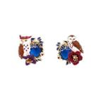 Fashion And Elegant Plated Gold Enamel Owl Blue Cubic Zirconia Stud Earrings Golden - One Size
