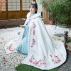 Floral Embroidered Furry Trim Hooded Cape White - One Size
