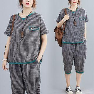 Set : Striped Round-neck Short-sleeve Top + Striped Harem Pants